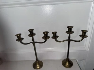 2 Vintage Solid Brass 13 1/8” 3 Candle Stick Holder Candelabras - Picture 1 of 5