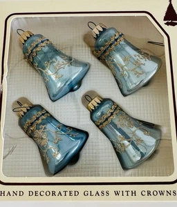 Christmas By Krebs Box Set/4 Campane Vetro Blu Vintage Decorate a Mano Accento Oro Usato in Ottime Condizioni - Foto 1 di 8