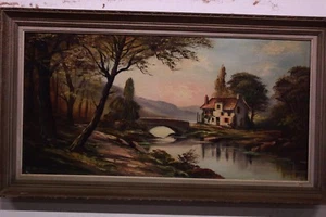 Dipinto olio su tela raffigurante paesaggio con ponte e casetta painting canvas - Picture 1 of 8