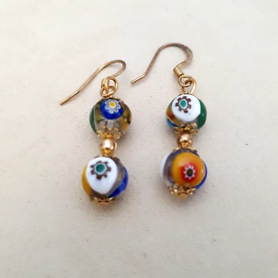 Murano Glass Earrings Millefiore Double Ball Gold Tone Hook Dangles - Image 1 of 4