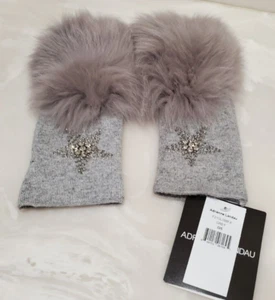 ADRIENNE LANDAU Grey Real Fox Fur Trim Fingerless Gloves Star Pattern O/S $119 - Picture 1 of 6
