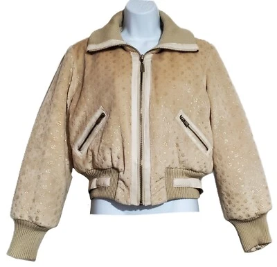 Vtg Y2K Rocawear Fuzzy Tan Winter Down Coat Gold Logo Print Womens Size Medium - Image 1 of 4