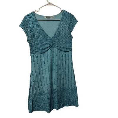 Vestido Athleta Azul Teal Estampado Geométrico Acanalado Cuello en V Manga Gorra Mujer Talla M Foto 1 de 4