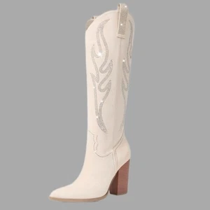 Beige Suede Knee-High Western-Fusion Boots with Rhinestones - 7 - Picture 1 of 8
