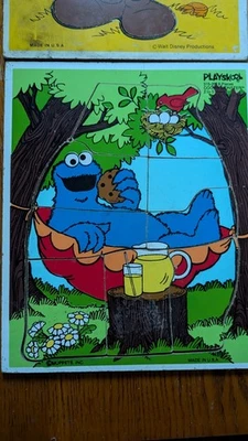 Vintage Lot of 2 Playskool Wooden Puzzles Walt Disney  Mickey & Cookie Monster  - Image 1 of 2