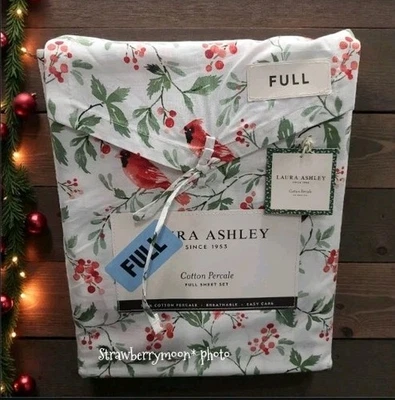 4pc Laura Ashley FULL Bed Red Cardinal Holly Berry Holiday Sheet Set 100% Cotton - Image 1 of 4