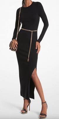 Michael Kors Wool Blend Gold Chain Belted Midi Sweater Bodycon Black Size S NEW - Image 1 of 2