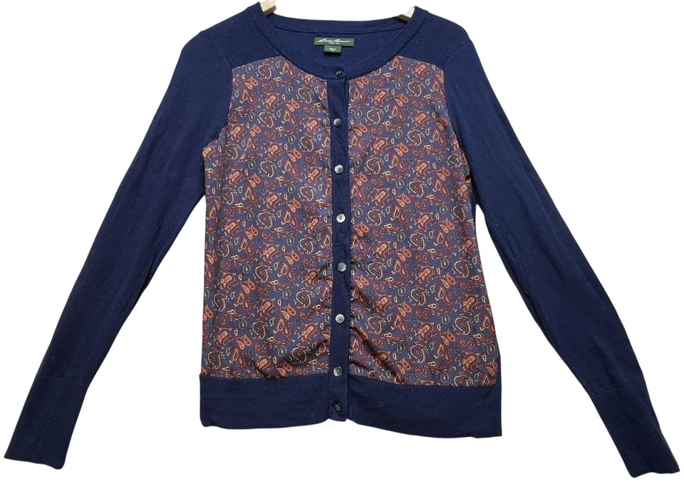 Cárdigan suéter de algodón Eddie Bauer para mujer manga larga talla S azul multi cachemira Foto 1 de 4