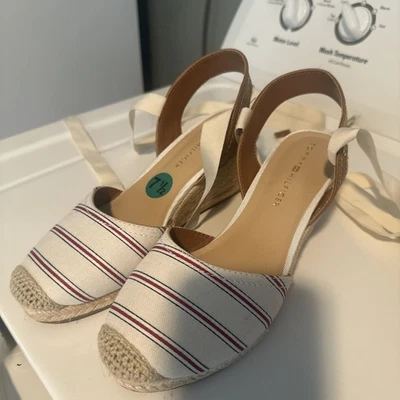 Espadrille Wedge Platform Tommy Hillfiger Women's Size 7.5 Lace Beige Red Stripe — 第 1/2 张图片