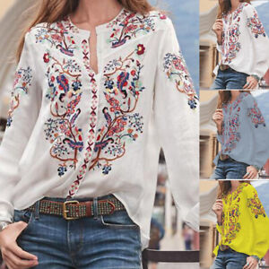 UK Womens Floral Holiday Tops Embroidery Ladies Long Sleeve Shirts Blouses Tunic