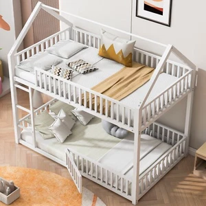Metal Twin Over Twin House Bunk Bed with Fence Ladder and Door for Kids Child - Picture 1 of 30