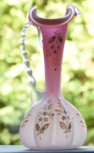 Very Pretty Antique Pink Satin Glass Ewer with Enamelled Hand Painted Flowers - Picture 1 of 7