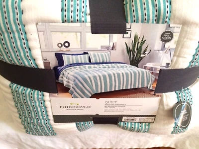 Edredón completo a rayas tejido verde azulado/blanco Threshold completo/reina y 2 fundas nuevo Foto 1 de 4