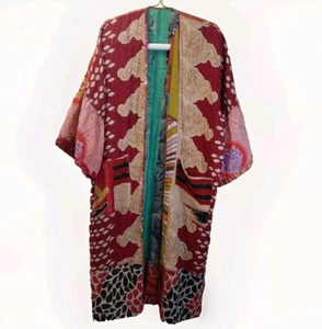 Kantha Patchwork Kimono Jacket Reversible Colorful Boho Patch Pockets O/S Nwt #B - Picture 1 of 14