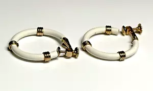 Vintage Clip on Earrings Napier Screw Back Round White Enamel Gold Metal Hoop - Picture 1 of 9