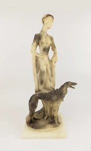 Antique 1930s Art Deco Alabaster Figurine of a Lady w Borzoi Dog Woman Elegance - Imagen 1 de 8