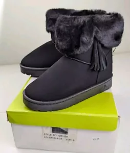 C&UG Women's Fur Boots Black Suede Ankle Tassel Winter Sz 6 Faux Flat Round Toe - Picture 1 of 10