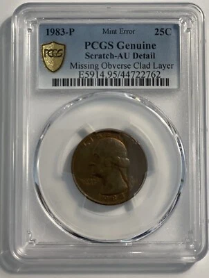 1983-P Washington Quarter Error Missing Obverse Clad Layer PCGS Genuine AU Coin - Image 1 of 4