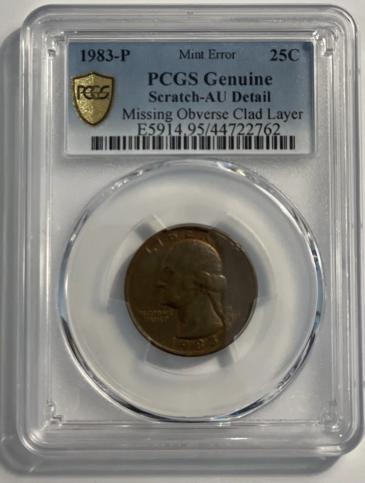 1983-P Washington Quarter Error Missing Obverse Clad Layer PCGS Genuine AU Coin - Image 1 of 4