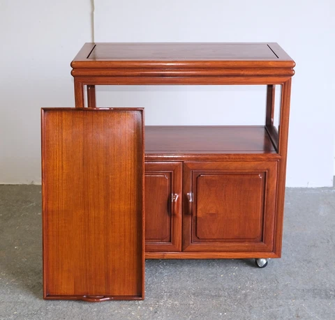 VERSATILE ROSEWOOD CHINESE BUFFET WITH GOOD SIZE TRAY SINGLE TIER & WHEELS Cover