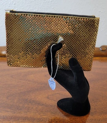 Bolsa satchel/embreagem vintage Whiting & Davis malha dourada com etiqueta original década de 1960 - Imagem 1 de 4