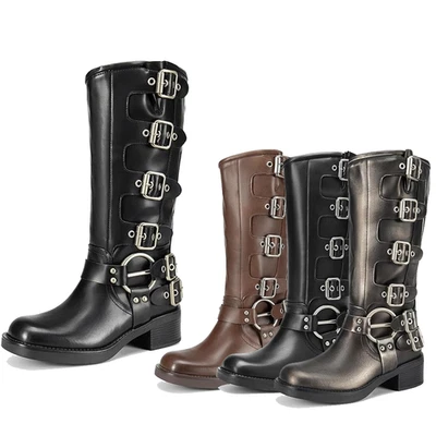 Botas de motocicleta para mujer de tacón bajo punta cuadrada botas hasta la rodilla Foto 1 de 4