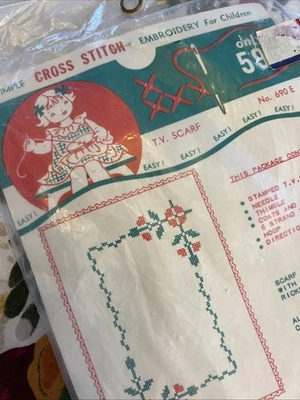 Vintage Child’s Cross Stitch Kit NOS TV Scarf Hoop Floss Thimble Needle Adorable - Image 1 of 4