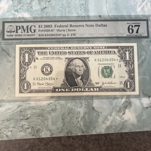 2003 $1 Dallas District STAR PMG 67 Fr 1928-K* EPQ Superb Gem UNC SN K01204354* - Picture 1 of 12
