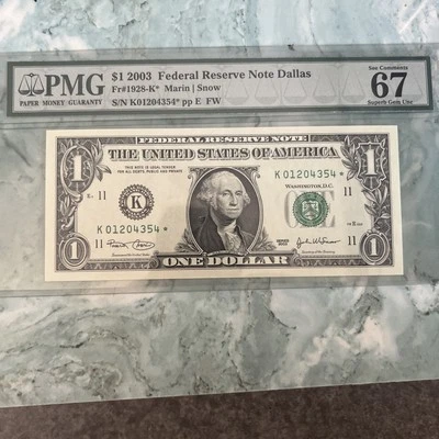 2003 $1 Dallas District STAR PMG 67 Fr 1928-K* EPQ Superb Gem UNC SN K01204354* - Image 1 of 4