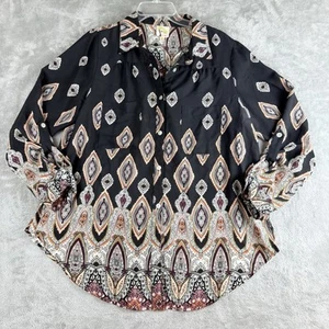 Camisa túnica de higo y flores grande negra estampada semi transparente manga con lengüeta enrollable - Imagen 1 de 16