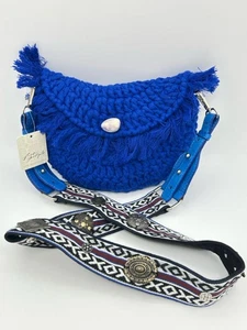 FREE PEOPLE NWT Macrame Crossbody Purse Blue Women Handbag Boho Fringe Frestival - Picture 1 of 9