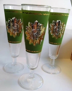 Federal Glass Green Gold Sunburst Pilsner Champagne Glasses x 3 MCM Vintage 8" - Picture 1 of 4