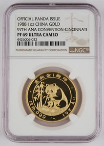 China 1988 1 Oz Gold Panda Cincinnati 97th ANA Show Medal Coin NGC PF69 UC Rare - Picture 1 of 4