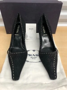 NEW PRADA BLACK with WHITE DECORATIVE STITCH SUEDE 2.75” HEELS -SIZE 37 7.5 - Picture 1 of 11
