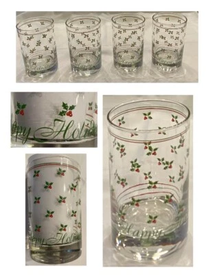 Vasos de whisky navideño vintage de 12 oz. FELICES FIESTAS Holly Berry Juego de 4 piezas Foto 1 de 4
