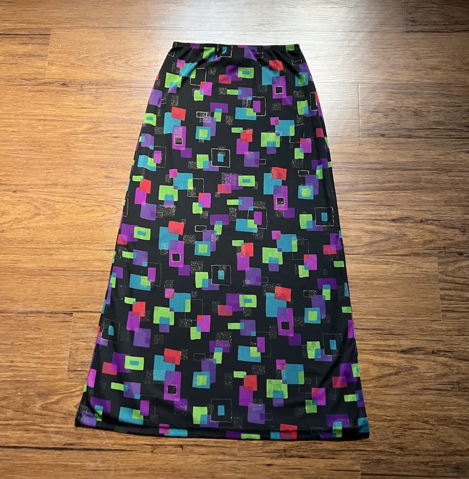 Vintage Y2K 90s Skirt Size 4 Black Multicolor Geometric Layered Long Mod Grunge - Image 1 of 4