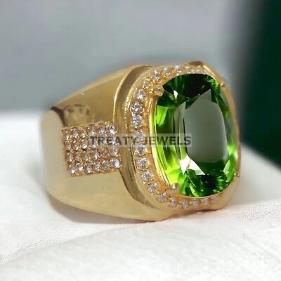 Anillo de peridoto corte cojín con plata de ley 925 chapado en oro para hombre #884 Foto 1 de 4
