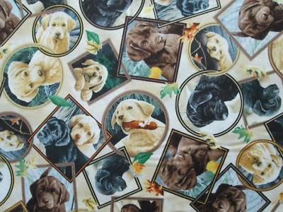 PUPPIES DOGS BREEDS REALISTIC BLOCKS CIRCLES DIGITAL CREAM COTTON FABRIC BTHY - Image 1 of 4