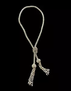 Collar de colección estilo aleta estilo aleta larga anudada doble borla con cuentas de metal tono plateado - Imagen 1 de 4