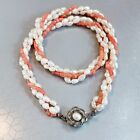 Japan Angel Skin Salmon Coral And Fresh Pearl 3 Strands Twist Necklace  18 Inch