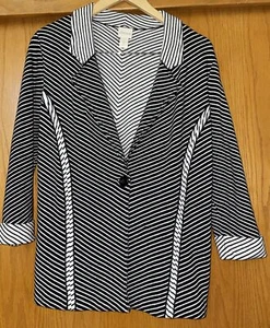Chicos Sweater Jacket Black White Stripe Pattern 3/4 Sleeve, Size 1 - Picture 1 of 6