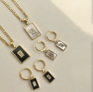 Vintage 18K vergoldet Titan Quadrat Muschel Zirkon Halskette Schmuck Set - Bild 1 von 7