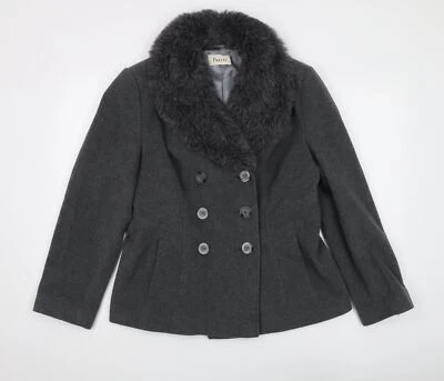 Precis Women's Grey Wool Pea Coat Size 14 Fur Trim - Image 1 of 4