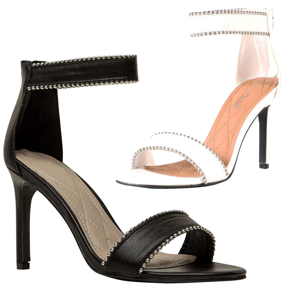 NEW Open Toe Ball Stud Trim Ankle Strap Pump Sandal Shoes Stiletto Med High Heel - Image 1 of 1