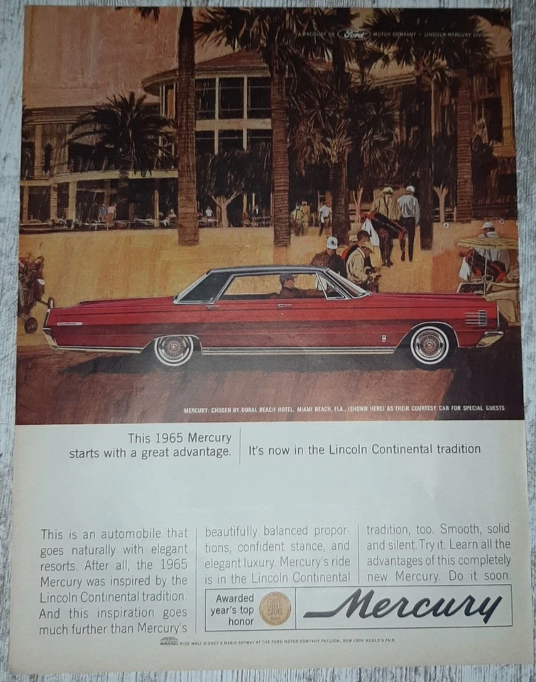 1965 Mercury Vintage Print Ad Mont Clair Sedan Luxury Doral Beach Hotel Miami - Image 1 of 1