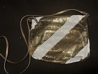 Vintage Whiting And Davis Gold White Stripe Mesh Shoulder Purse - Image 1 of 4