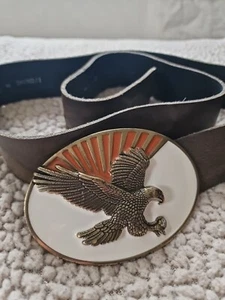 River Island Unisex Brass Enamel American Eagle Buckle Leather Belt Size M (42") - Picture 1 of 14