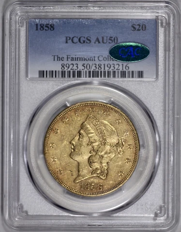 1858 Liberty Double Eagle $20 Gold Coin - PCGS AU50 - CAC Approved Cover