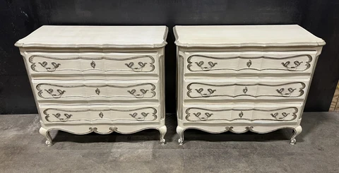 PAIR Three Drawer Italian Chest/Commodes Antiqued Cream Finish Bronze Accents Cover