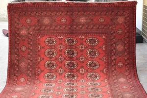 1960s Antique Afghan Turkmen Area Rug 7x10 Red Geometric Bokhara Persian Carpet - Picture 1 of 11
